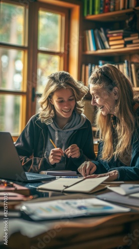 Financial Literacy Lesson in a Cozy Home Office: Middle-Aged Mother and Teenage Daughter Bond Over Budgeting © Ryzhkov