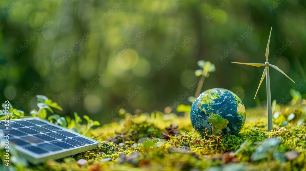 Miniature Earth globe on mossy ground with solar panel and wind turbine ...