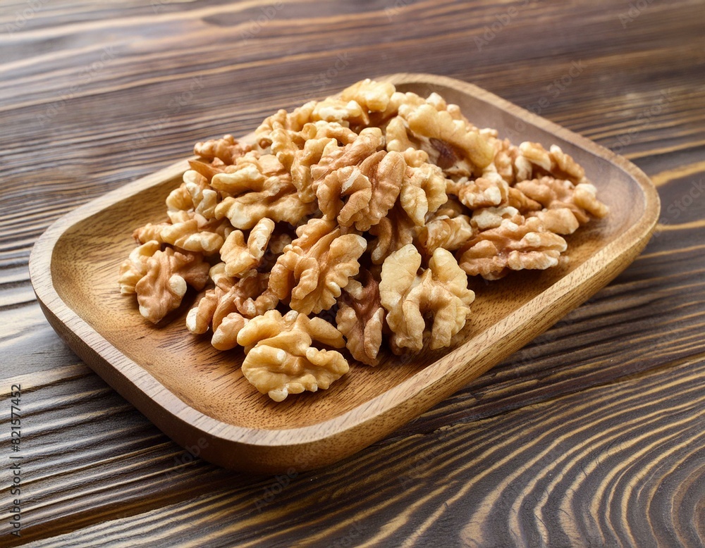 Top View Close-Up: Nutrient-Packed Walnut Kernels on Wooden Plate Top View Close-Up: Nutrient-Packed Walnut Kernels on Wooden Plate