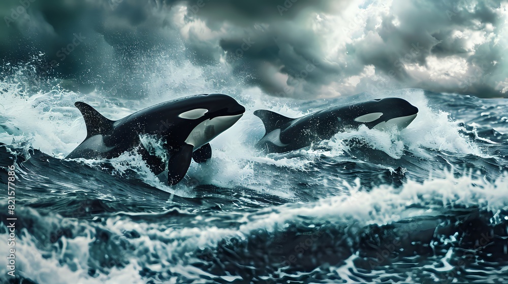 Fototapeta premium Two orcas breaching the water surface
