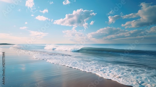  a peaceful beach with a gentle rolling wave coming in. The sky is blue and there are a few clouds in the sky. 