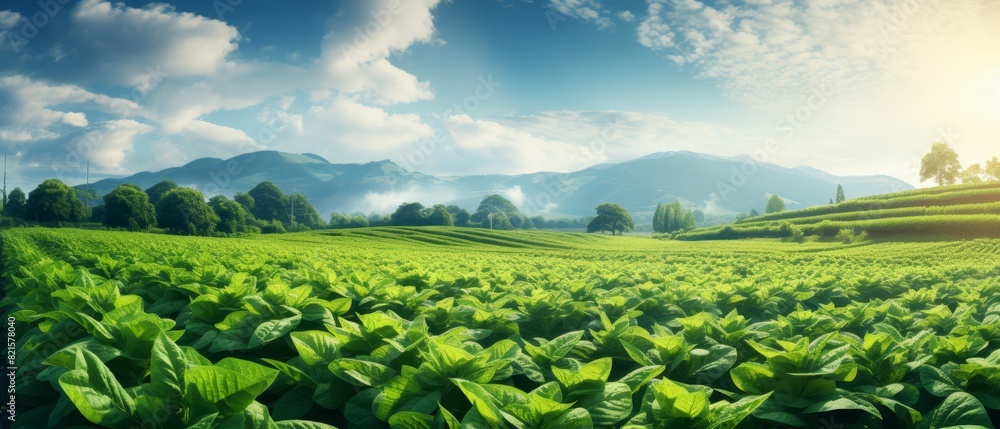Verdant tobacco plantation under sunny sky Verdant tobacco plantation under sunny sky