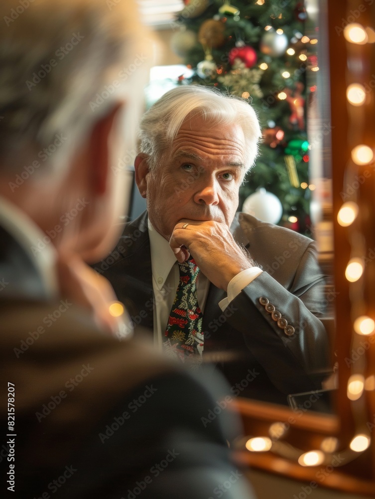 Reflective Moment: Elderly Businessman in Festive Attire Contemplating in Office Mirror During Christmas Season Reflective Moment: Elderly Businessman in Festive Attire Contemplating in Office Mirror During Christmas Season