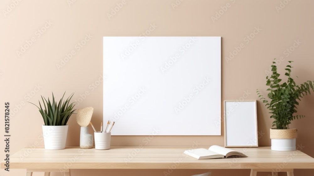 Modern office desk with blank poster on clipboard, minimalist decor, bright light Modern office desk with blank poster on clipboard, minimalist decor, bright light