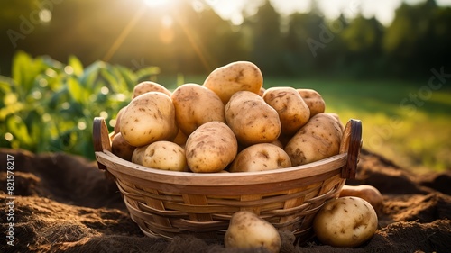 Freshly harvested potatoes in a wicker basket, farm setting, earthy tones, copy space, © FoxGrafy