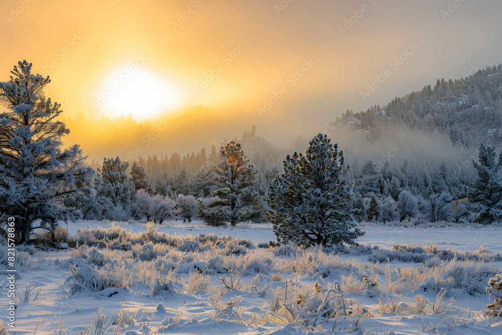 Winter landscape with hoarfrost-covered trees and a misty sunrise.ai generative