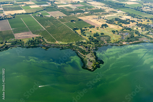 Aerial view of the polluted green waters of Clear Lake and the environmental effects of agricultural runoff causing algae blooms