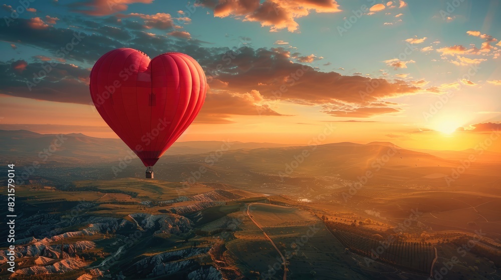 Fototapeta premium A red heart-shaped hot air balloon floats over a stunning landscape of mountains and valleys.