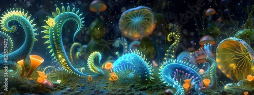 Microscopic Fantasy Realm A HyperDetailed D Rendering of Vibrant Microorganisms against a Mystical photo