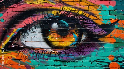 Close-up of an eye, part of a colorful street art mural on a brick wall, highlighting the heritage and vibrant tradition of this art form