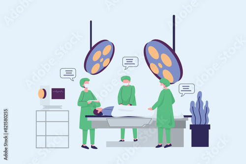 Male surgeon and nurse performing an operation in surgery activity in a hospital. Vector concept illustration of doctor under the lights anesthetized on the operating table in surgery room interior