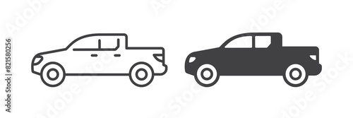 Pickup truck icons in line and solid styles, flat vector pictograms. Black and white designs perfect for depicting rugged utility and cargo transport.