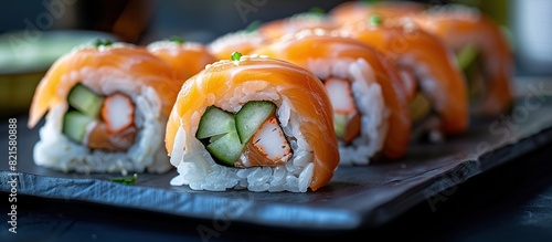close-up of delicious sushi rolls with salmon and avocado