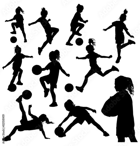 Children playing soccer vector silhouettes