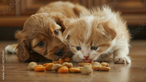 Puppy and Kitten Sharing Food