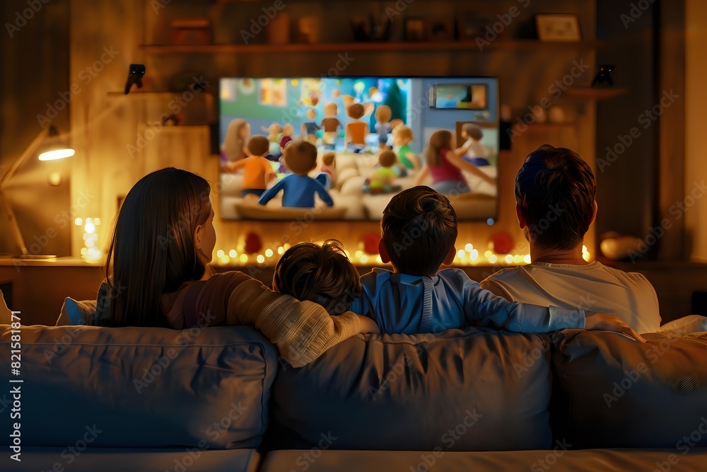 A family sitting on the sofa watching cartoon. Enjoying quality time together. A family sitting on the sofa watching cartoon. Enjoying quality time together.