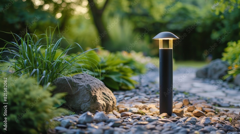Obraz premium Elegant LED outdoor light post in a beautiful residential rockery garden, close-up view, highlighting the blend of technology and nature
