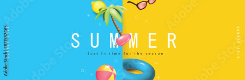Colorful Summer sale promotion banner with summer tropical beach vibes decoration background