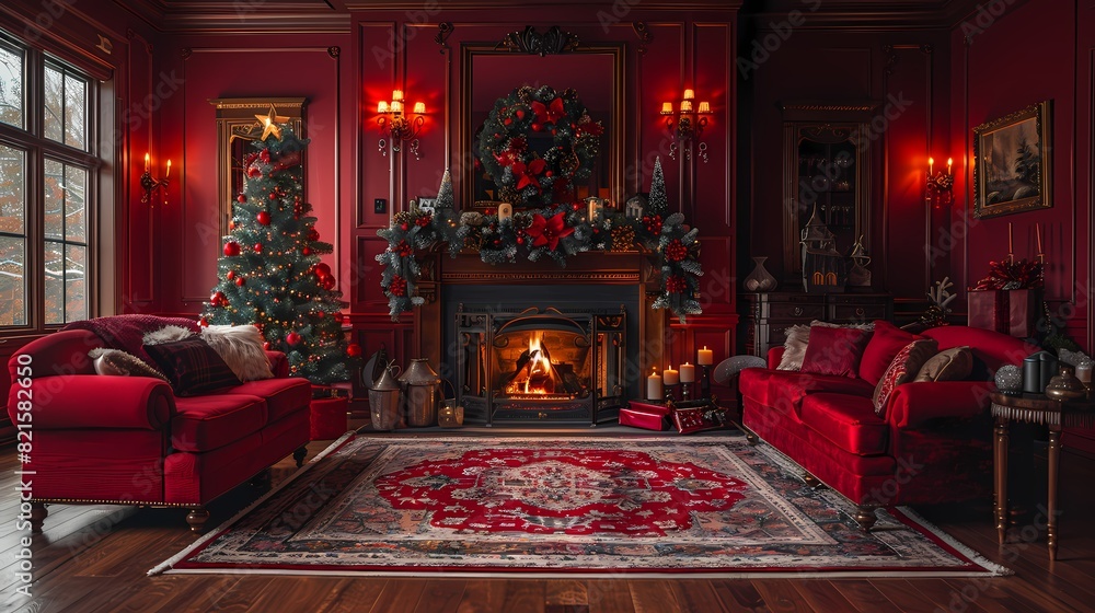 **: A cozy living room with a crackling fireplace and a beautifully decorated Christmas tree in the background on a solid burgundy background, symbolizing the transition from Christmas to the New Year **: A cozy living room with a crackling fireplace and a beautifully decorated Christmas tree in the background on a solid burgundy background, symbolizing the transition from Christmas to the New Year