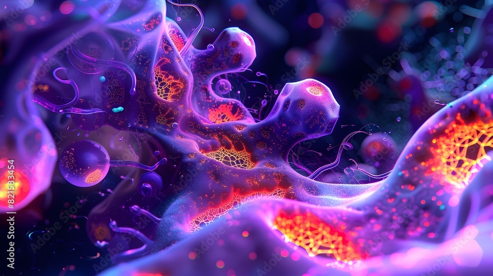 Obraz premium Miniature Lifeforms Magnified Intricate Cellular Structures Revealed in a NeonTinged Laboratory