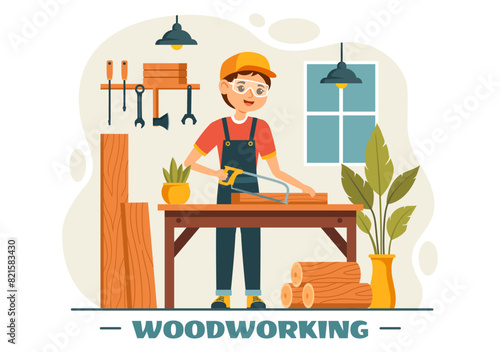 Woodworking Vector Illustration featuring Modern Craftsmen and Workers Producing Furniture Using Tools, Presented in a Flat Cartoon Style Background