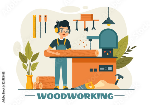 Woodworking Vector Illustration featuring Modern Craftsmen and Workers Producing Furniture Using Tools, Presented in a Flat Cartoon Style Background