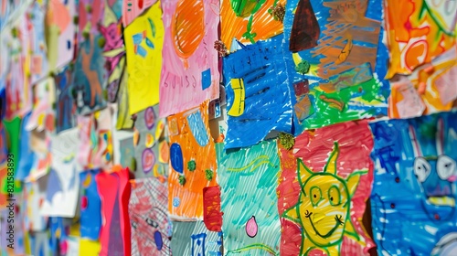Detailed close-up of a bulletin board filled with kindergarten children's creative artwork, bursting with colors and imaginative designs