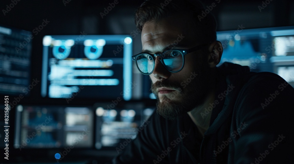 Software developer and a man at computer for coding script or cyber security in office. Software developer and a man at computer for coding script or cyber security in office.