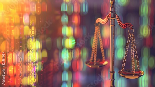 Scales of justice and digital data stream on a blurred background, representing a business concept related to law. A photo