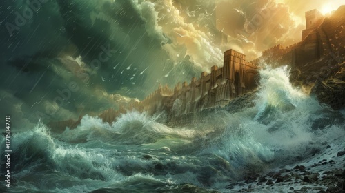 catastrophic deluge hits shore in great flood biblical scene digital illustration