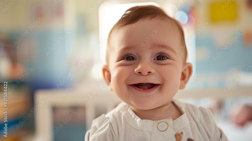 cheerful baby boy smiling at camera in bright and friendly clinic room portrait photo cheerful baby boy smiling at camera in bright and friendly clinic room portrait photo