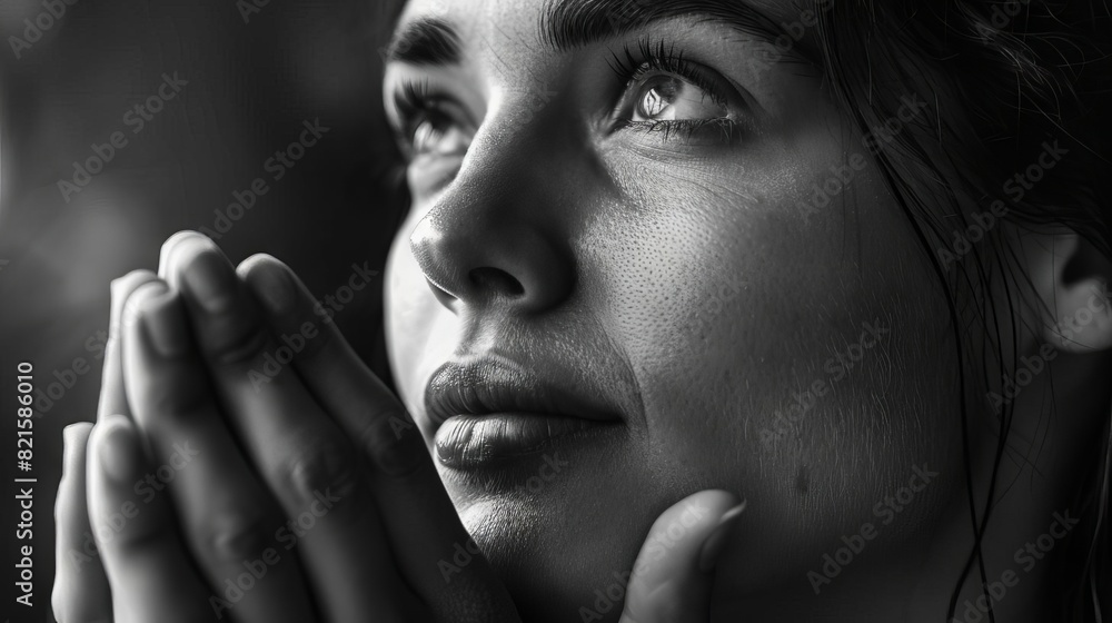 emotional closeup portrait of a woman praying with uplifted eyes black and white photo emotional closeup portrait of a woman praying with uplifted eyes black and white photo