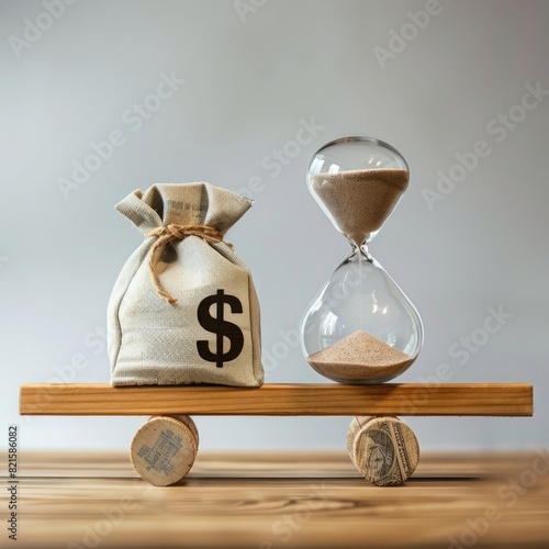 Time and money balance concept, hourglass on the right side of a wooden seesaw with a canvas bag full