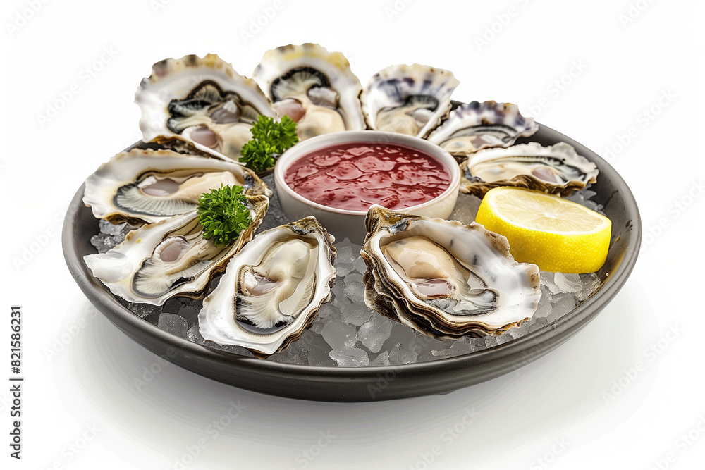 Fresh oysters on an ice platter with red sauce and lemon served on a white background. Fresh oysters on an ice platter with red sauce and lemon served on a white background.