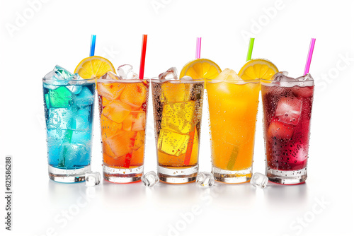 A row of colorful soda fountain drinks in tall glasses with ice and lemon slices, displayed on a white background.