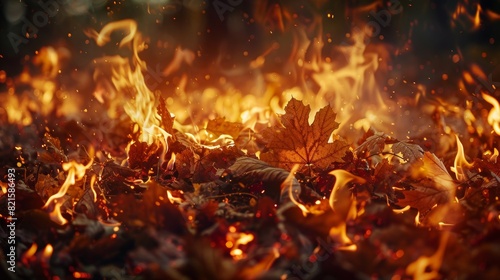 Close-up of intense forest fire consuming fall foliage, vibrant autumn colors amidst the flames, dramatic scene captured with raw style