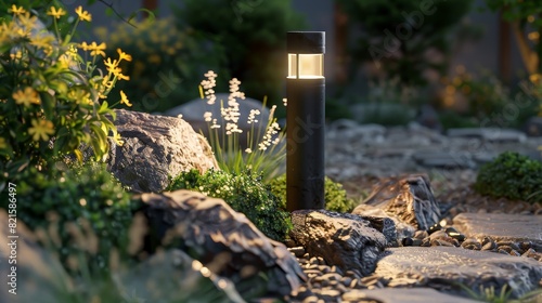 Close-up of LED outdoor light post with a beautiful rockery garden backdrop, residential garden scene, showcasing ambient lighting