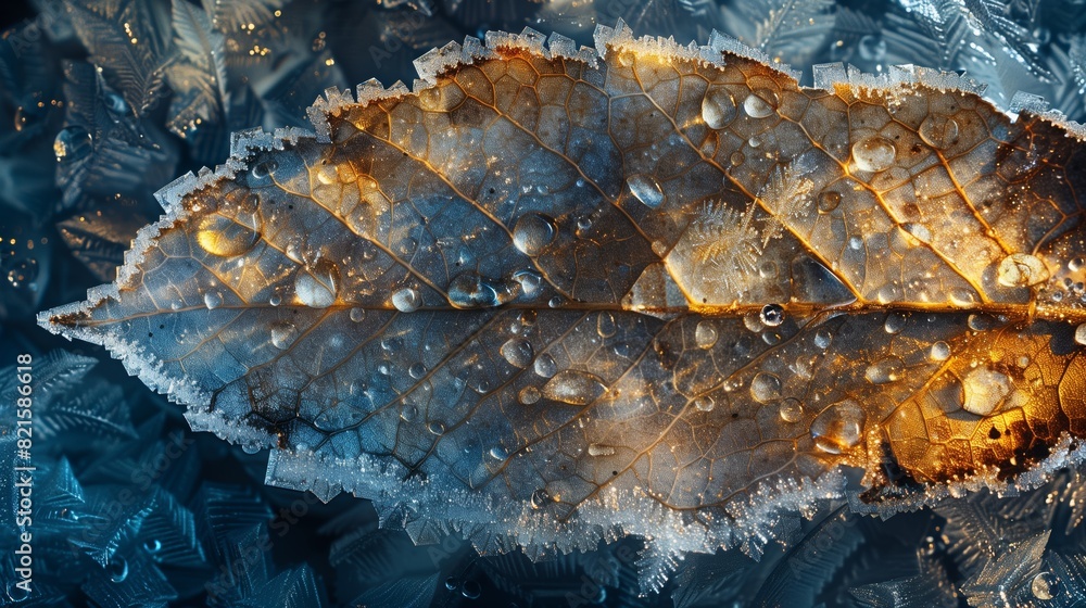 Frosty Leaf with Water Droplets in Sunlight. Close-up of a leaf covered in frost and water droplets, illuminated by sunlight, showcasing a blend of warm and cool tones. Frosty Leaf with Water Droplets in Sunlight. Close-up of a leaf covered in frost and water droplets, illuminated by sunlight, showcasing a blend of warm and cool tones.