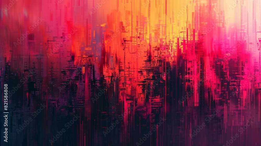Abstract digital cityscape with red and blue glitch effects. Abstract digital cityscape with red and blue glitch effects.