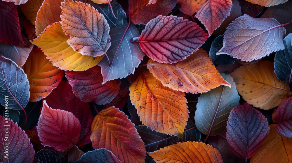 Fototapeta premium Macro View of Frosty Colorful Leaves. Close-up of a collection of colorful leaves covered in frost, showcasing the detailed textures and vibrant fall colors.