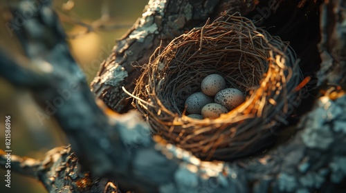 Nest with Speckled Eggs in Forest Setting. Close-up of a bird's nest with speckled eggs, placed securely in the branches of a tree, set in a forest environment. © Old Man Stocker