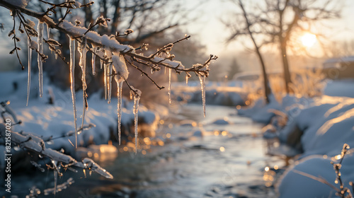 Wallpaper Mural Icicles on Tree Branch at Sunset. Close-up of icicles hanging from a tree branch, illuminated by the warm light of the setting sun over a snowy landscape. Torontodigital.ca