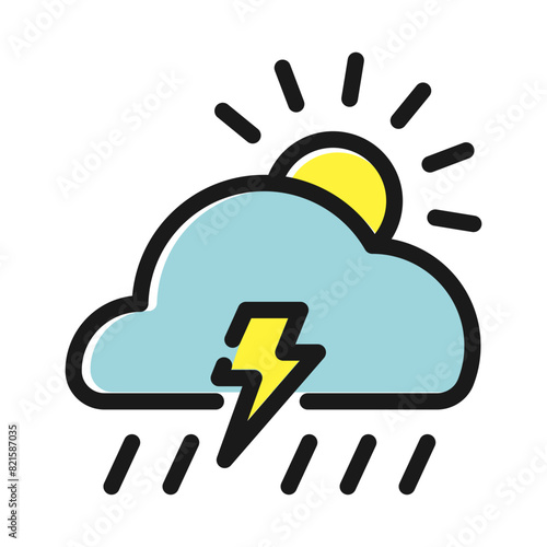 Weather forecast icon, thunderstorm rain, sun and cloud overcast icon vector.