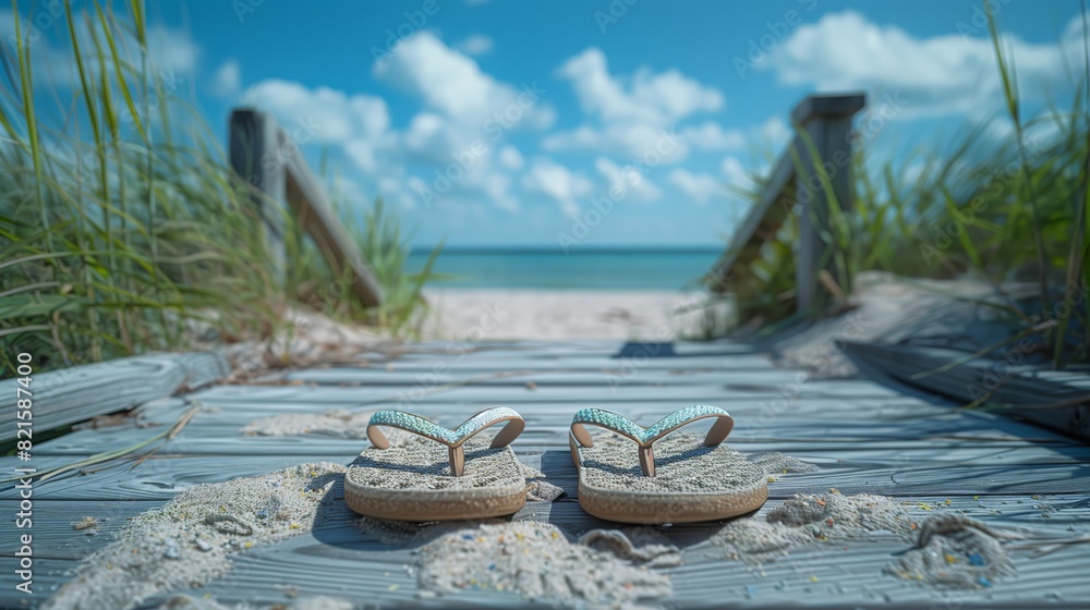 Obraz premium Sandy Flip Flops on Beach Boardwalk. Pair of flip flops resting on a sandy boardwalk leading to a beautiful beach, under a bright blue sky.