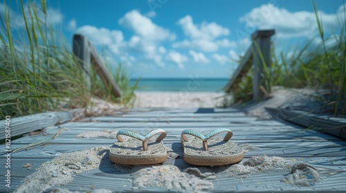 Sandy Flip Flops on Beach Boardwalk. Pair of flip flops resting on a sandy boardwalk leading to a beautiful beach  under a bright blue sky.
