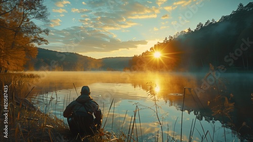 Person Admiring Sunrise by Misty Lake. Person crouches by a misty lake, admiring the sunrise. The scene is bathed in warm golden light and surrounded by forest.