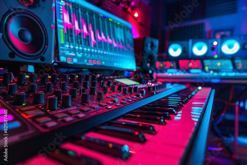 A Digital Music Production Studio with Keyboards, Mixing Consoles, and Software © wpw