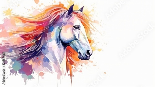 Close up portrait colorful watercolor horse , Realistic painting on white background