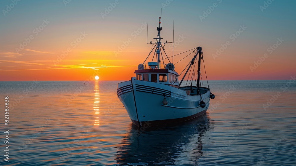 Fishing Boat at Sea During Sunset. Fishing boat anchored at sea during sunset, with a vibrant orange sky and calm waters reflecting the colors.