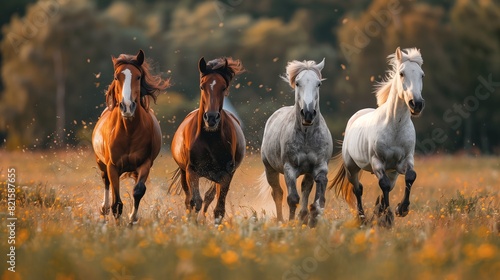 Galloping Horses in Sunlit Meadow. Four horses galloping in a sunlit meadow, surrounded by wildflowers and creating a dynamic and lively natural scene.